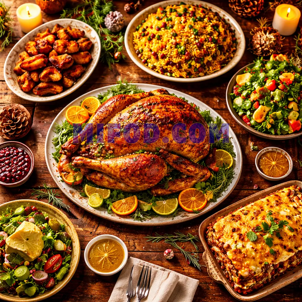 Puerto Rican holiday turkey served with arroz con gandules and plantains