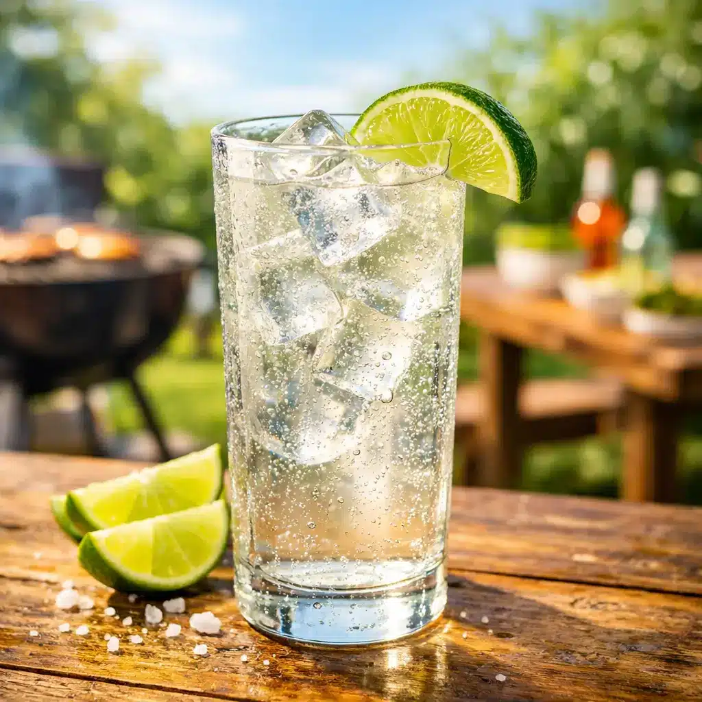 Ranch water recipe served ice cold with lime in a highball glass