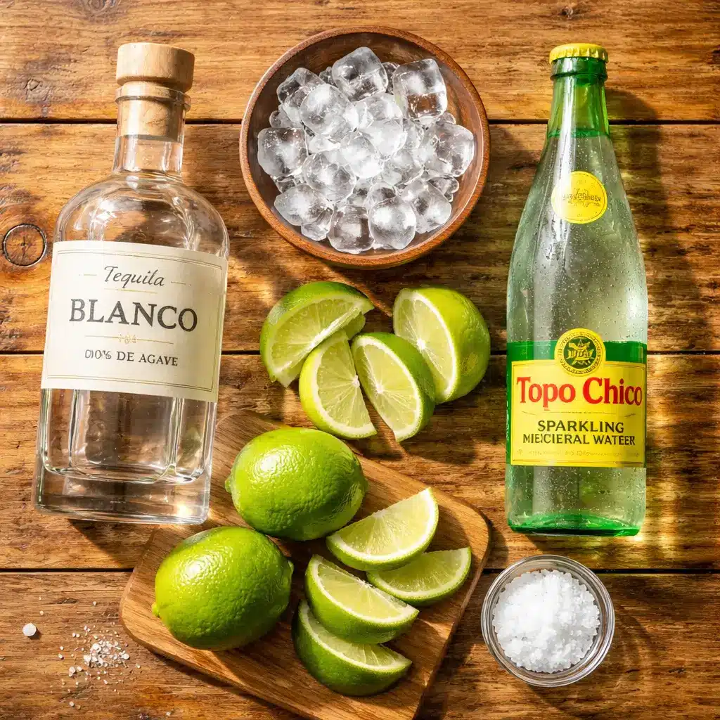 Ingredients needed for ranch water recipe including tequila lime and sparkling water