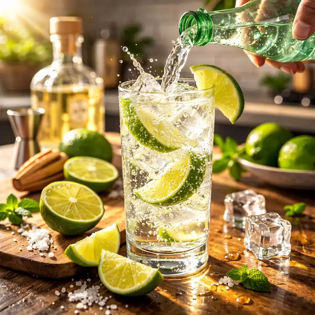 Pouring sparkling water into ranch water cocktail over ice