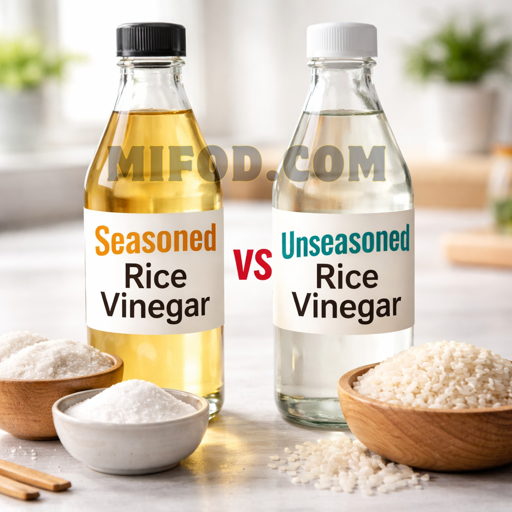 Seasoned vs unseasoned rice vinegar bottles with sugar and salt comparison