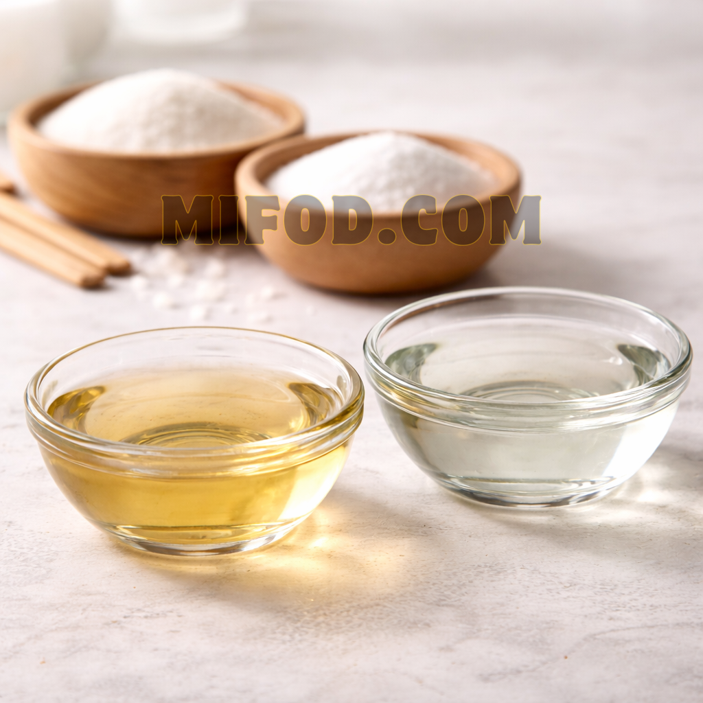 Close up comparison of seasoned and unseasoned rice vinegar in glass bowls
