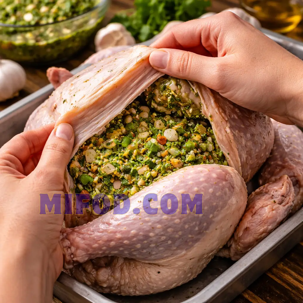 Rubbing marinade under turkey skin Puerto Rican style
