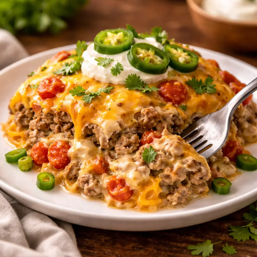 Served Mexican white trash casserole with rotel topped with sour cream and cilantro
