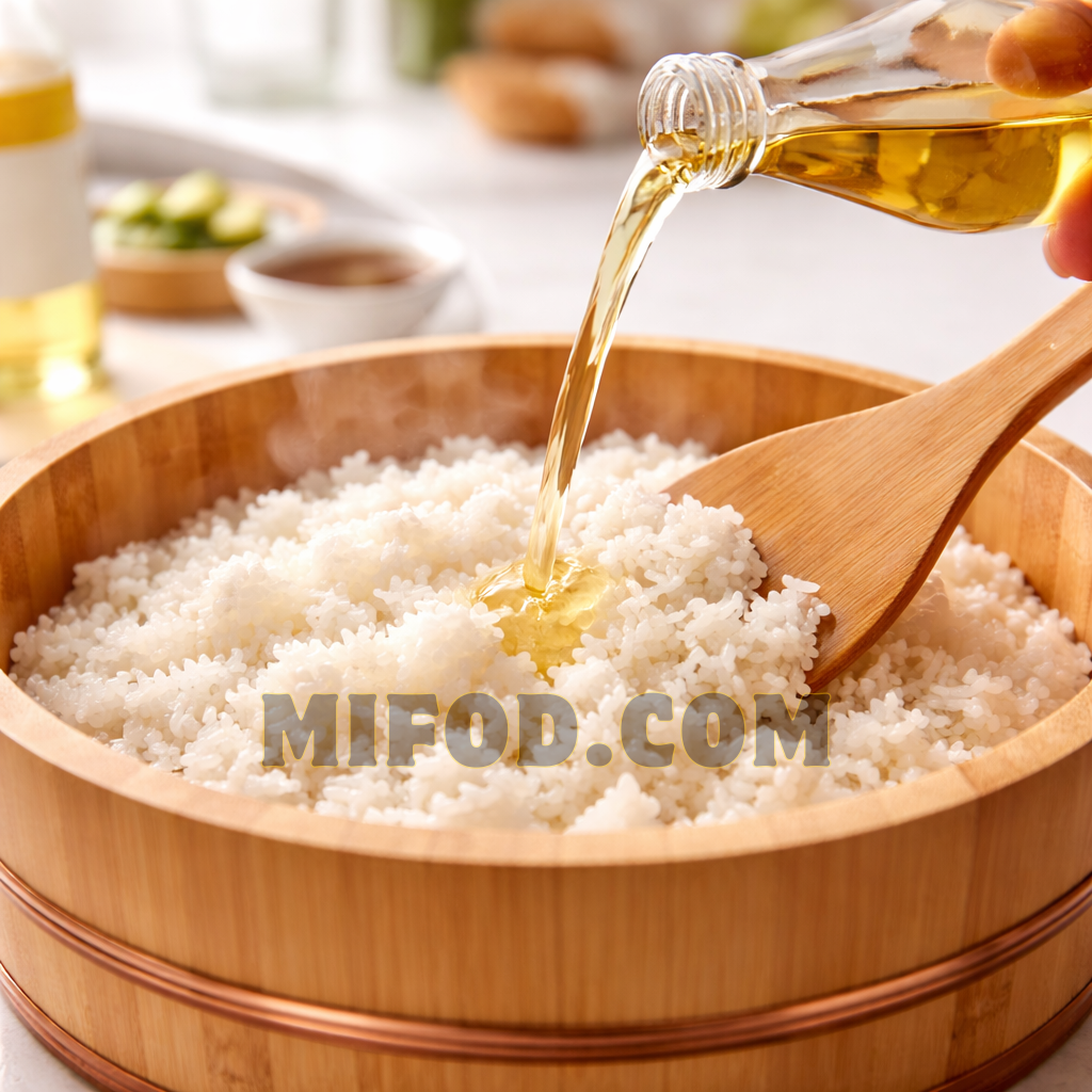 Mixing sushi rice with seasoned rice vinegar in wooden bowl