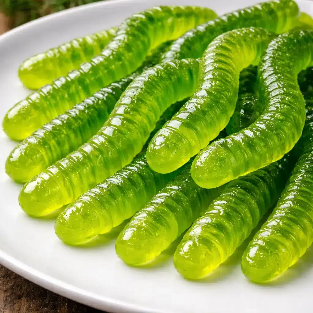 Close-up of dill pickle gummy worms candy