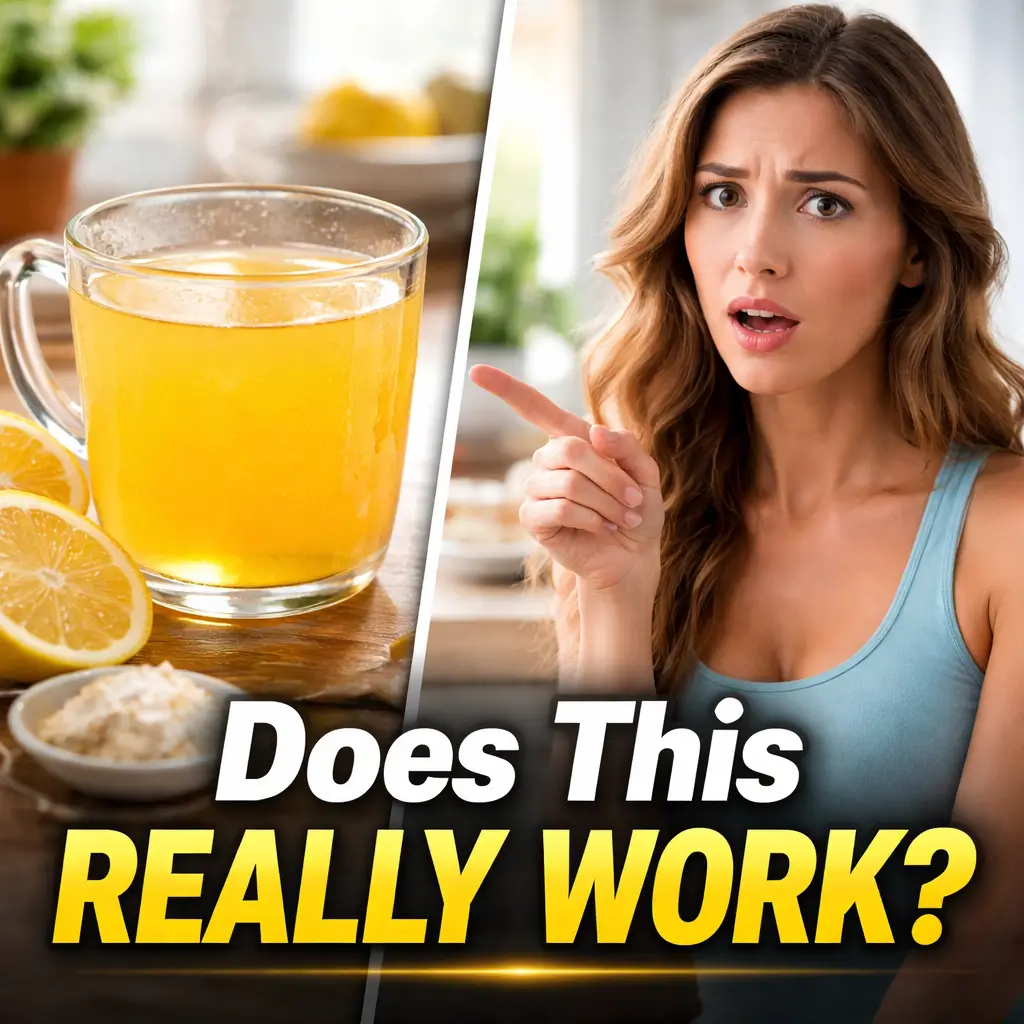 Woman looking surprised at a warm gelatin drink in a glass mug