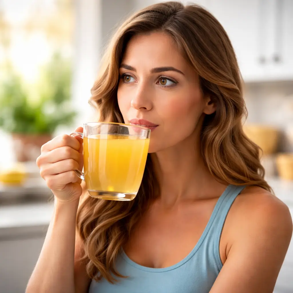 Woman drinking warm gelatin beverage in kitchen
