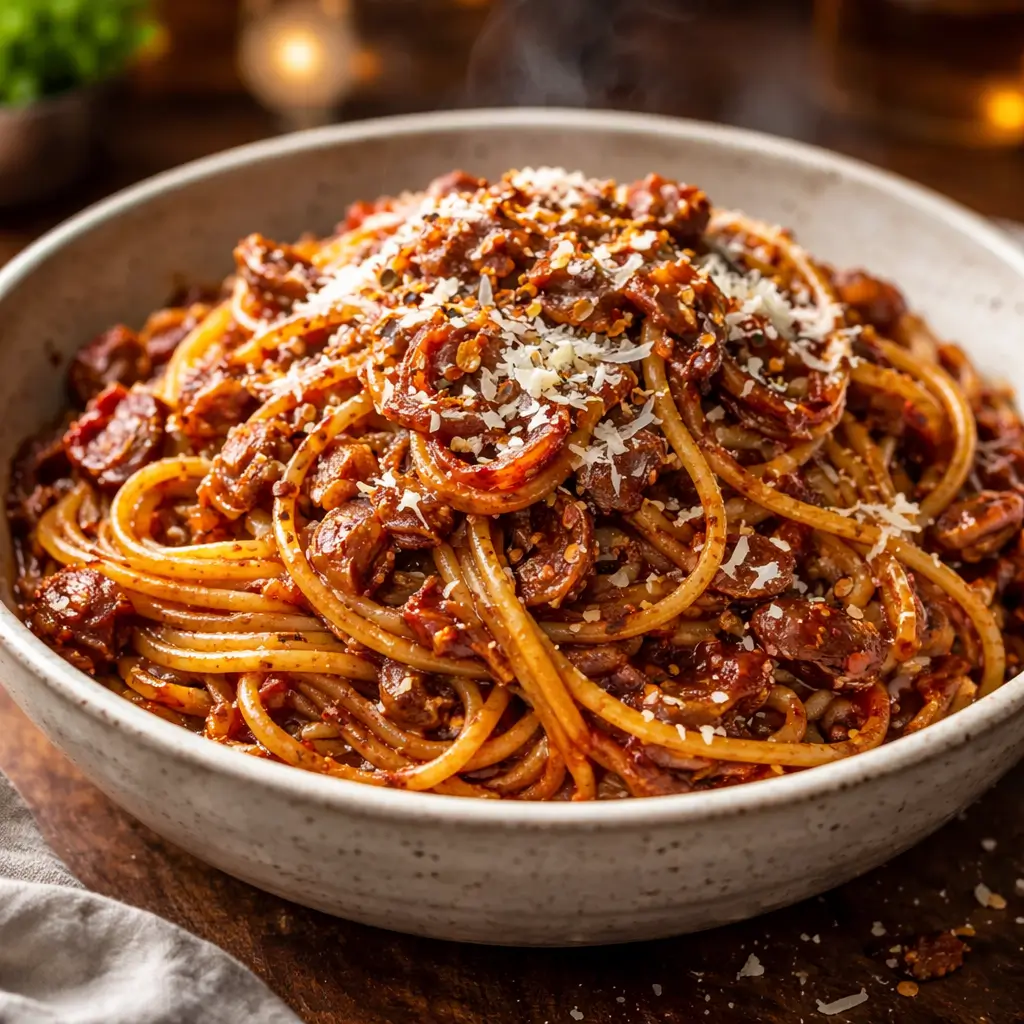 alison roman caramelized shallot pasta rich glossy sauce close up