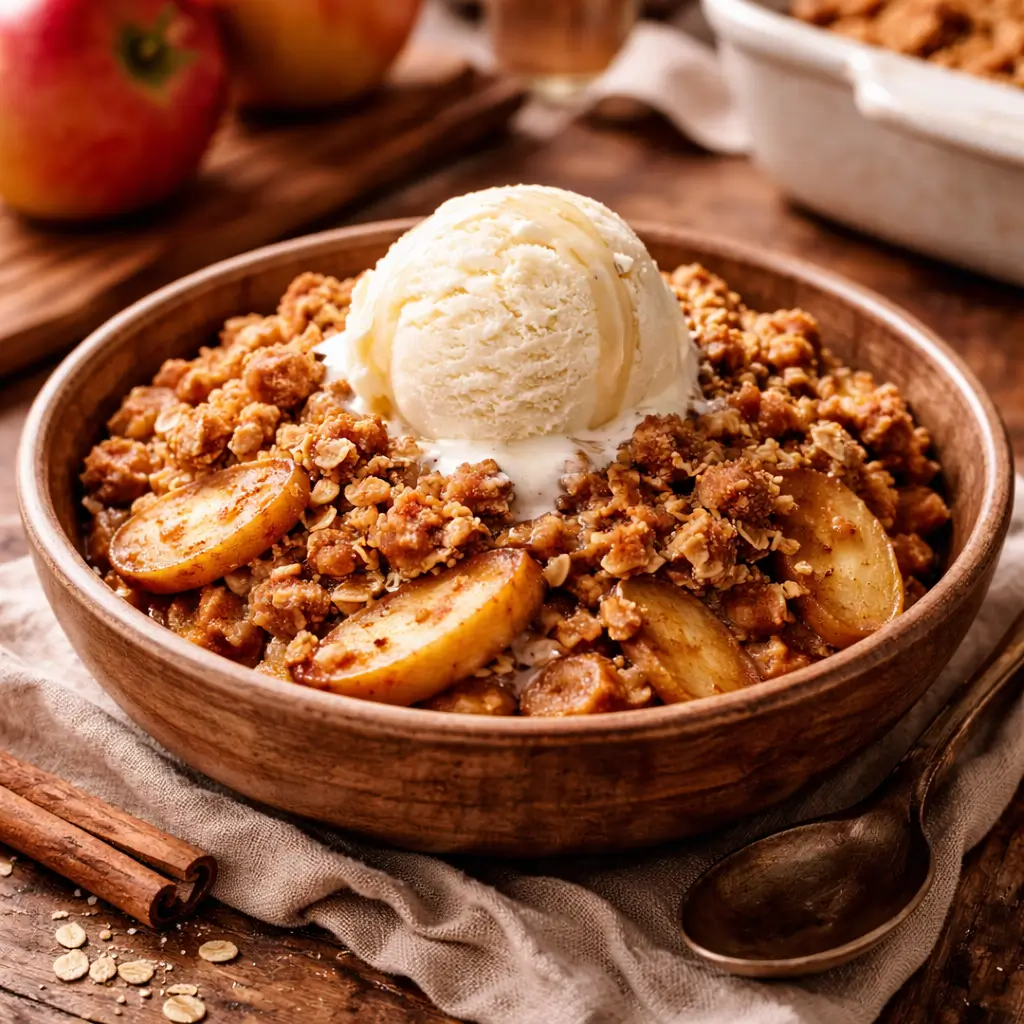 Joanna Gaines apple crisp recipe served with vanilla ice cream