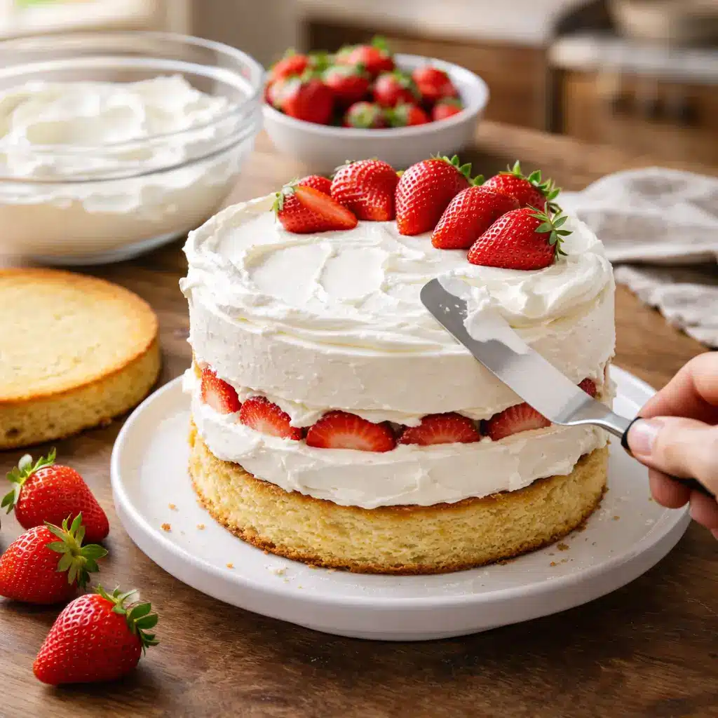 assembling whipped cream sponge cake layers with strawberries