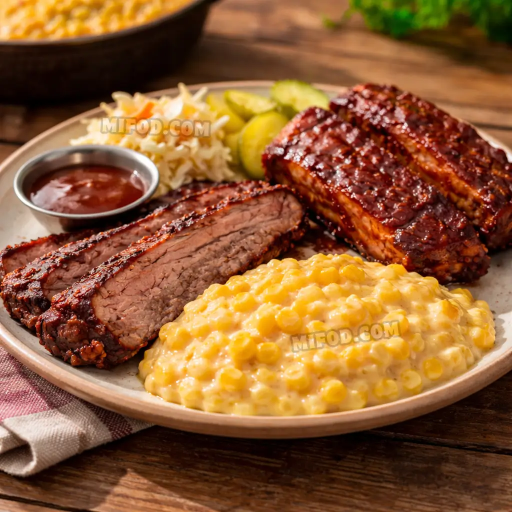 City barbeque corn pudding recipe served with barbecue meats