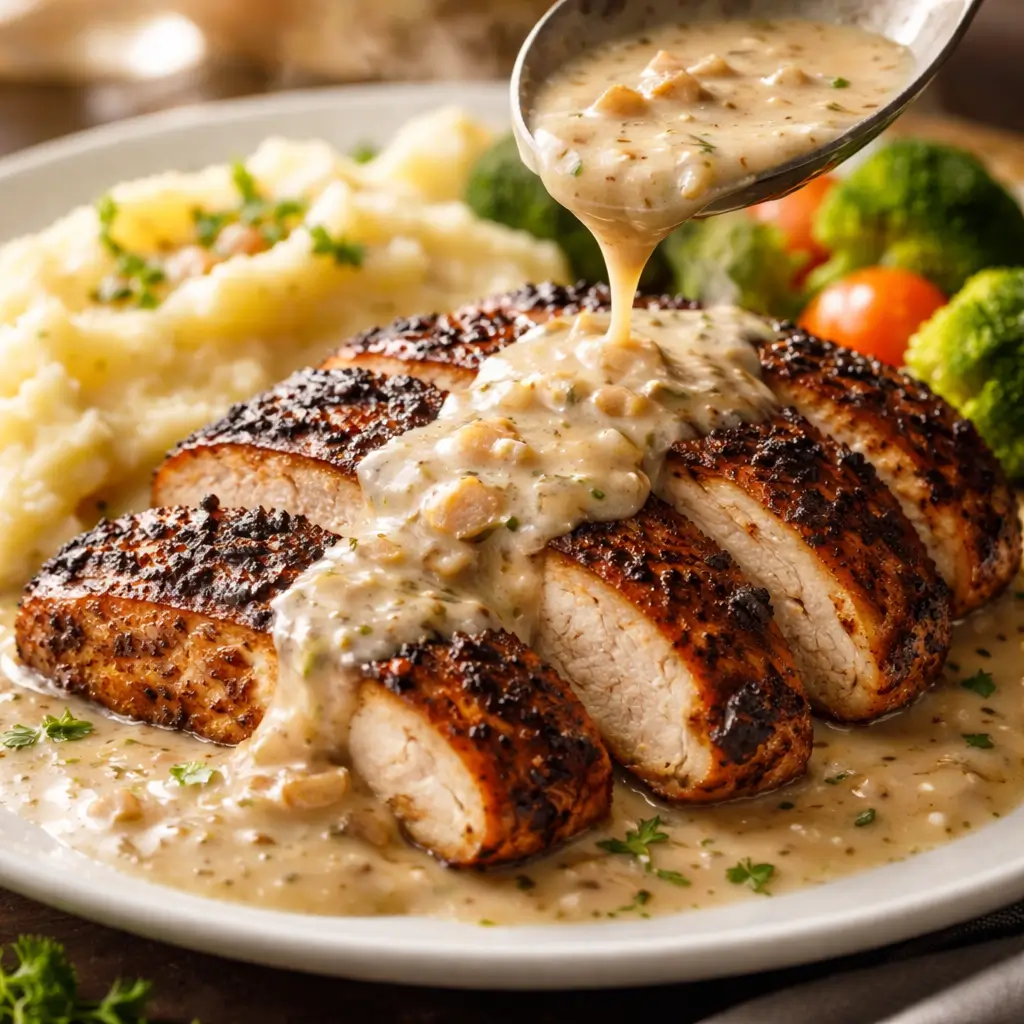 blackened chicken with creamy shallot pan sauce close up plated dish