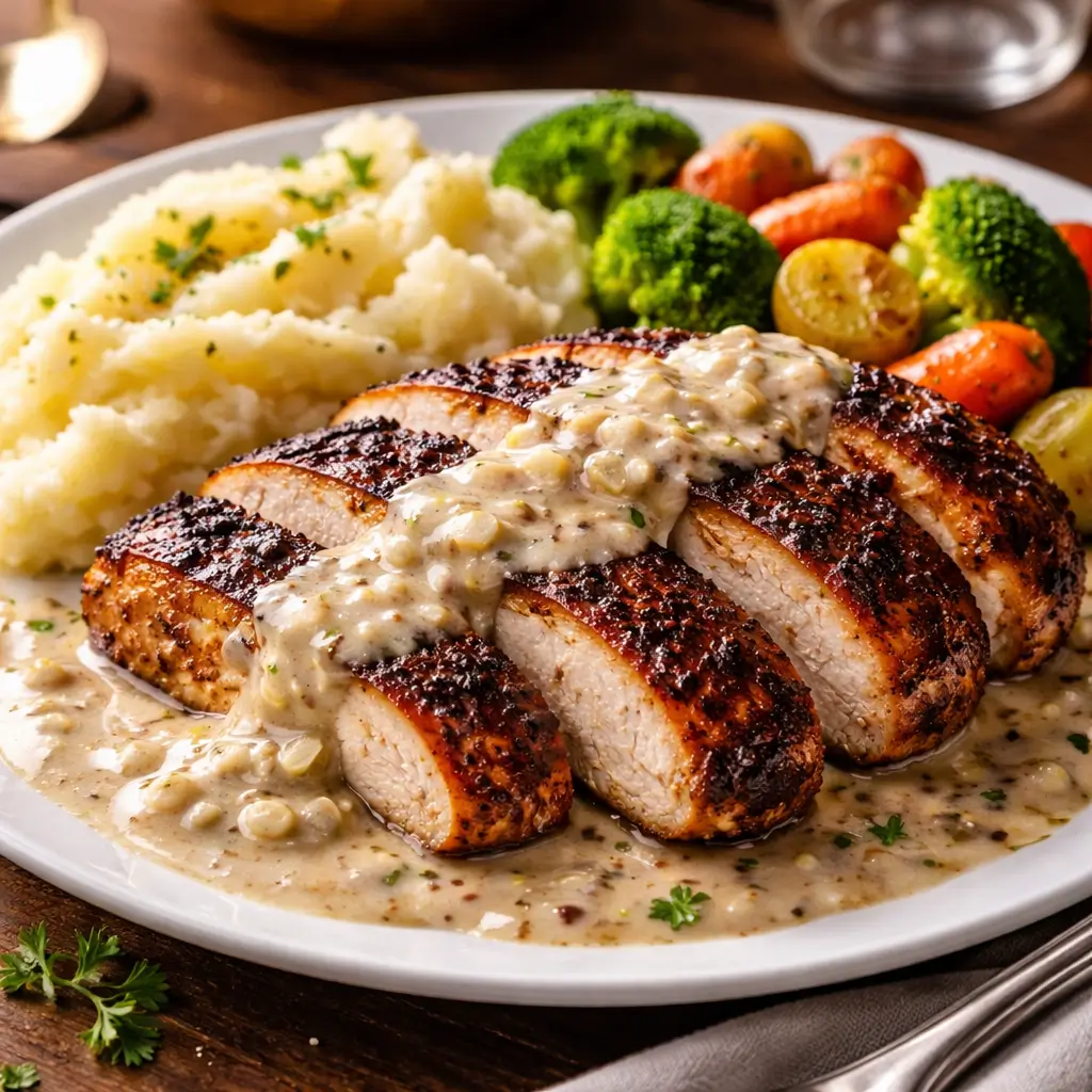 blackened chicken with sides mashed potatoes vegetables