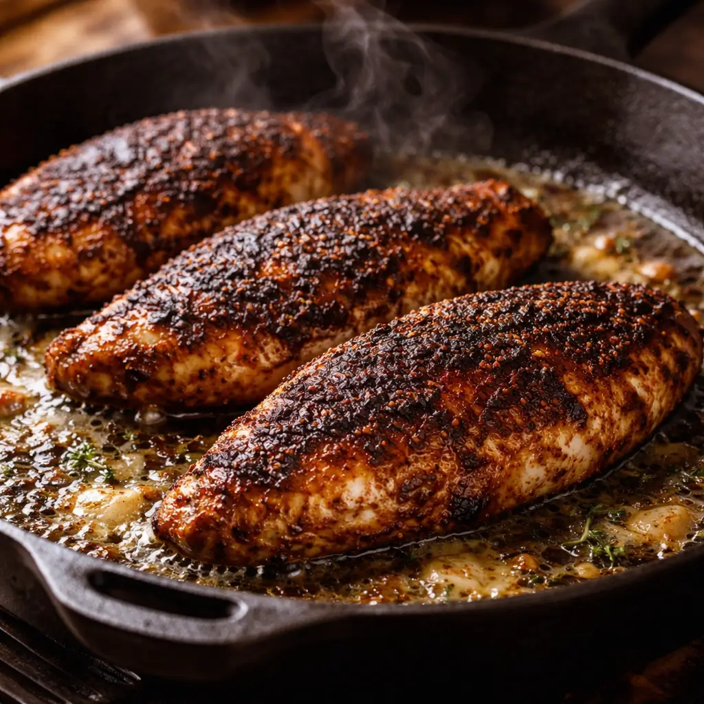 searing blackened chicken in cast iron skillet