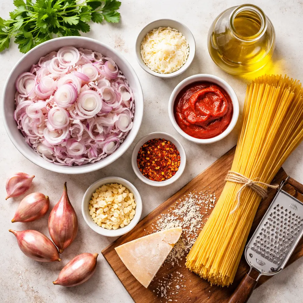 ingredients for caramelized shallot pasta laid out on table