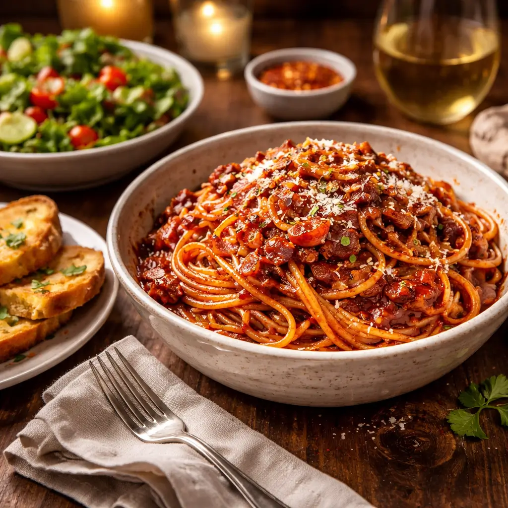 caramelized shallot pasta served with bread and salad