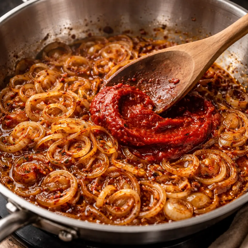 shallots caramelizing in pan with tomato paste