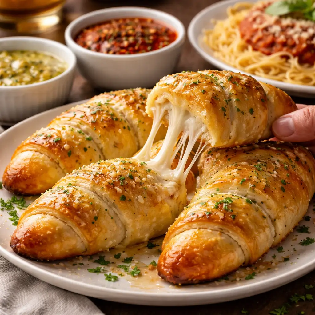 Cheesy crescent roll garlic bread served with pasta