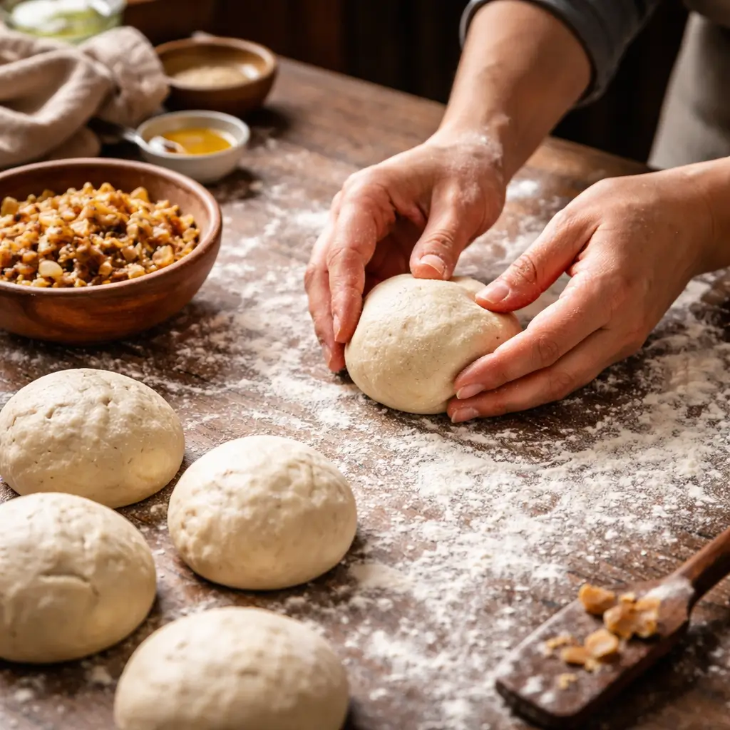 Shaping dough for chewy onion topped rolls