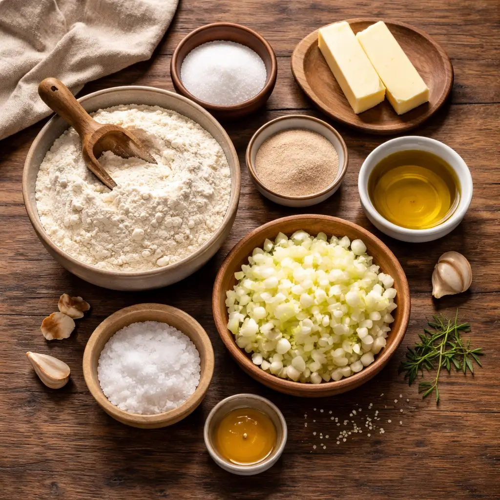 Ingredients for homemade chewy onion topped roll