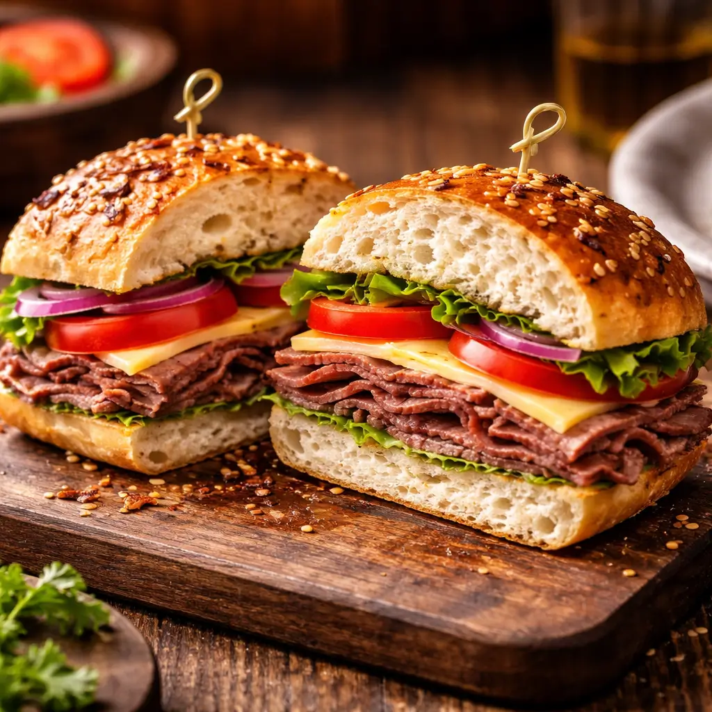 Sandwich made with chewy onion topped roll
