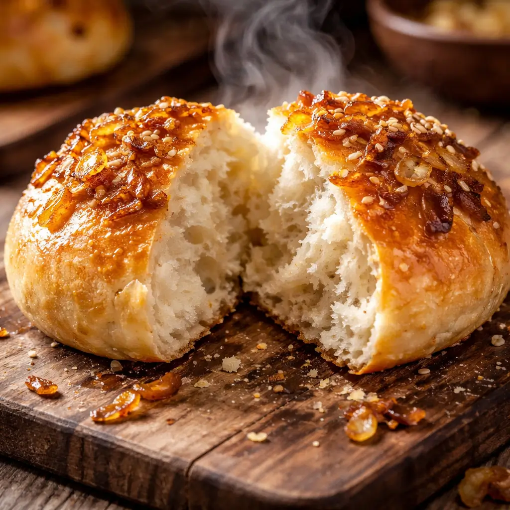 Fresh chewy onion topped roll with caramelized onions and soft interior
