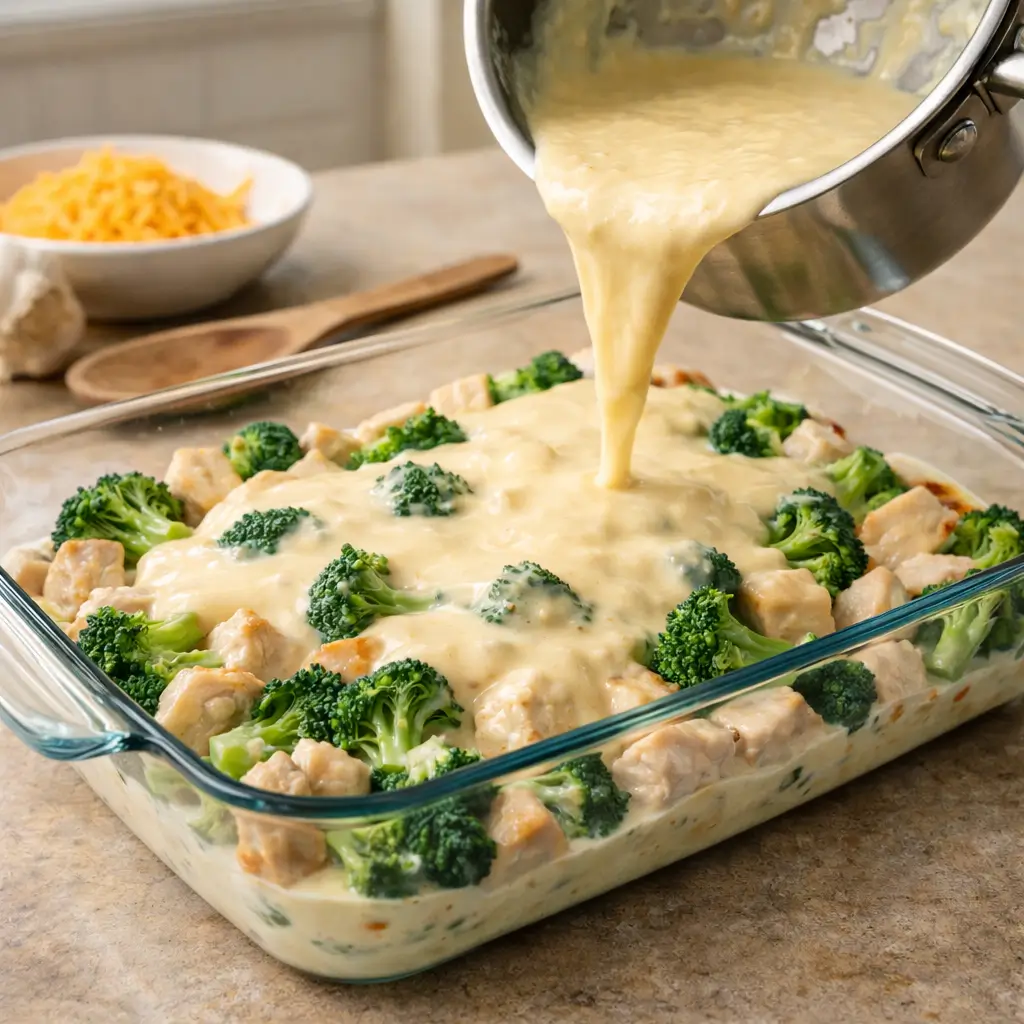 assembling barefoot contessa chicken divan recipe in baking dish