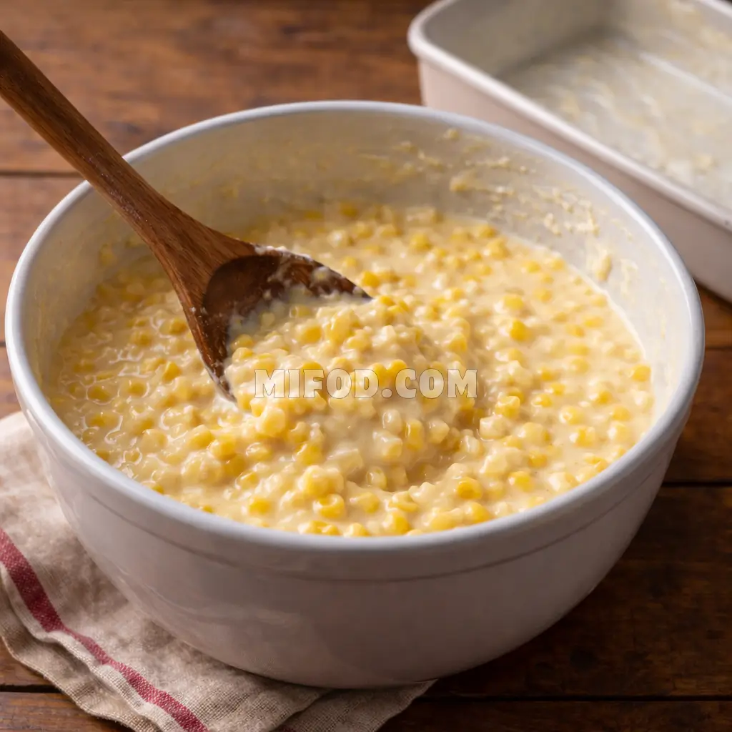 Preparing city barbeque corn pudding recipe mixture before baking