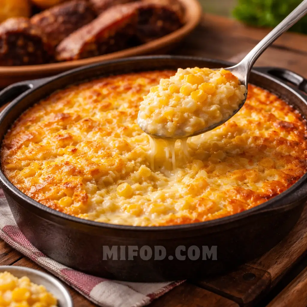 City barbeque corn pudding recipe creamy BBQ side dish in skillet