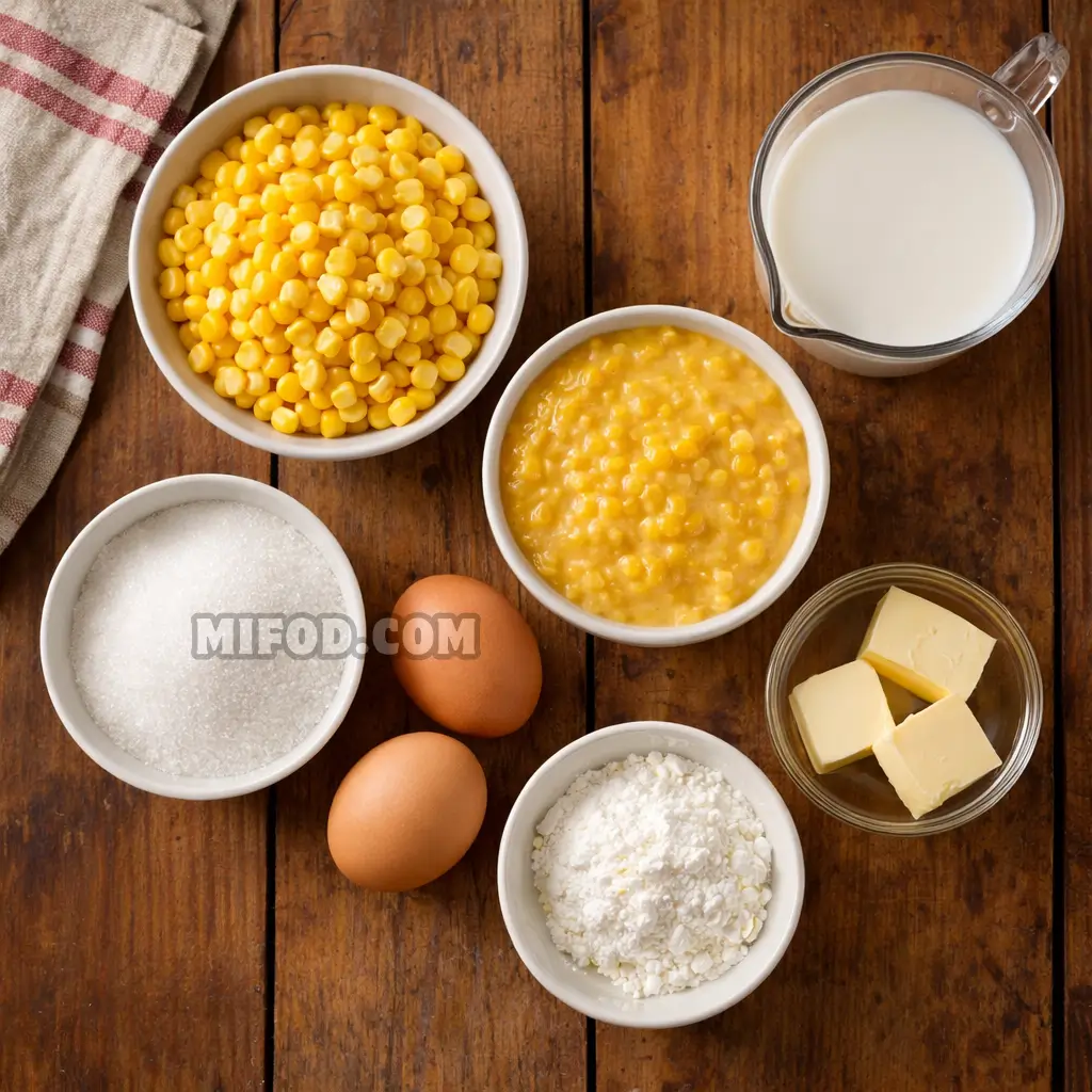 Ingredients for city barbeque corn pudding recipe on kitchen table