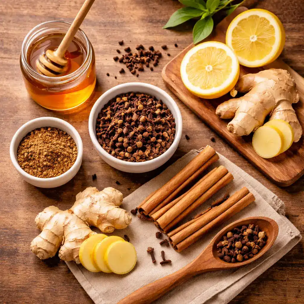 ingredients for clove tea recipe for weight loss​ cloves ginger lemon cinnamon