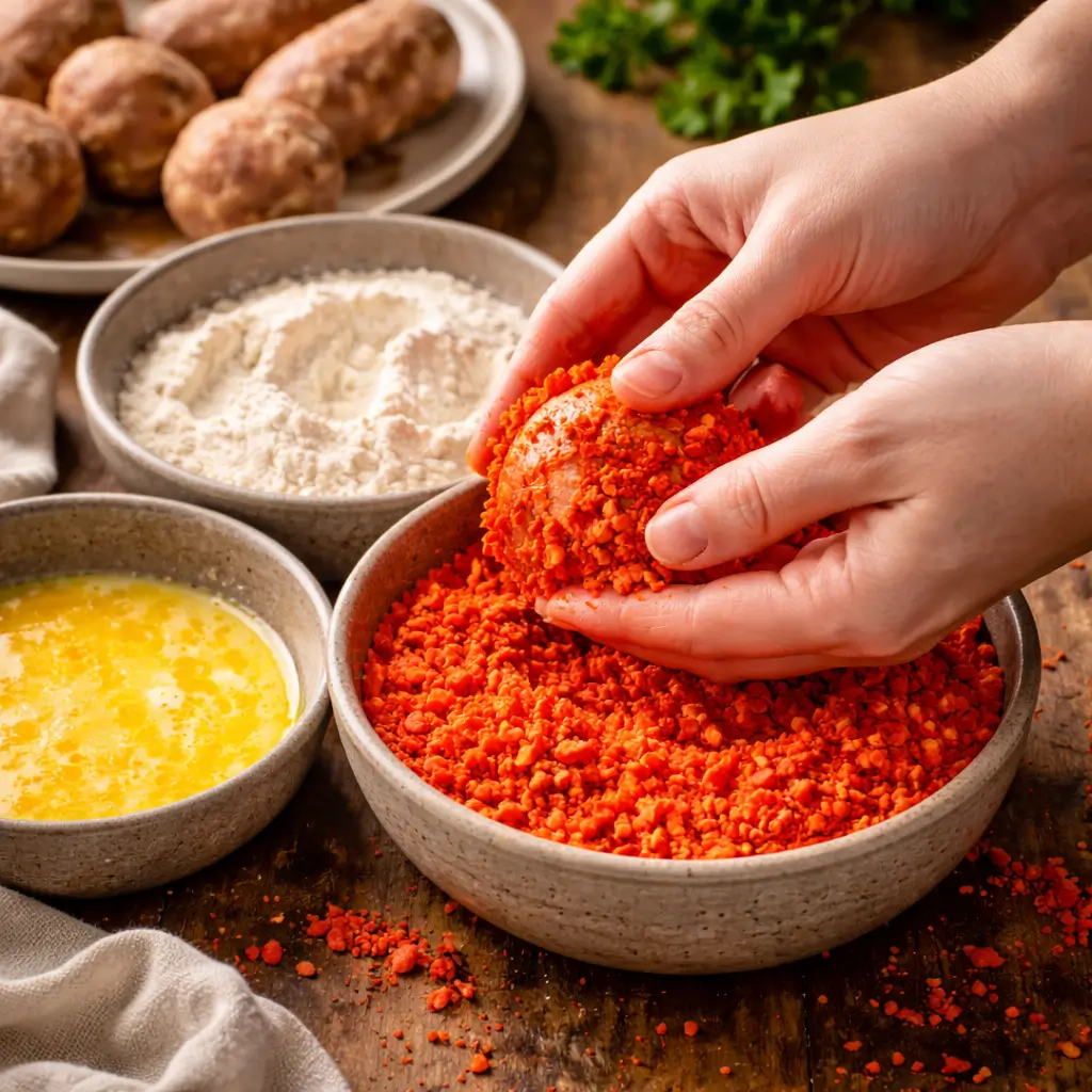 Coating boudin balls with crushed Hot Cheetos before frying