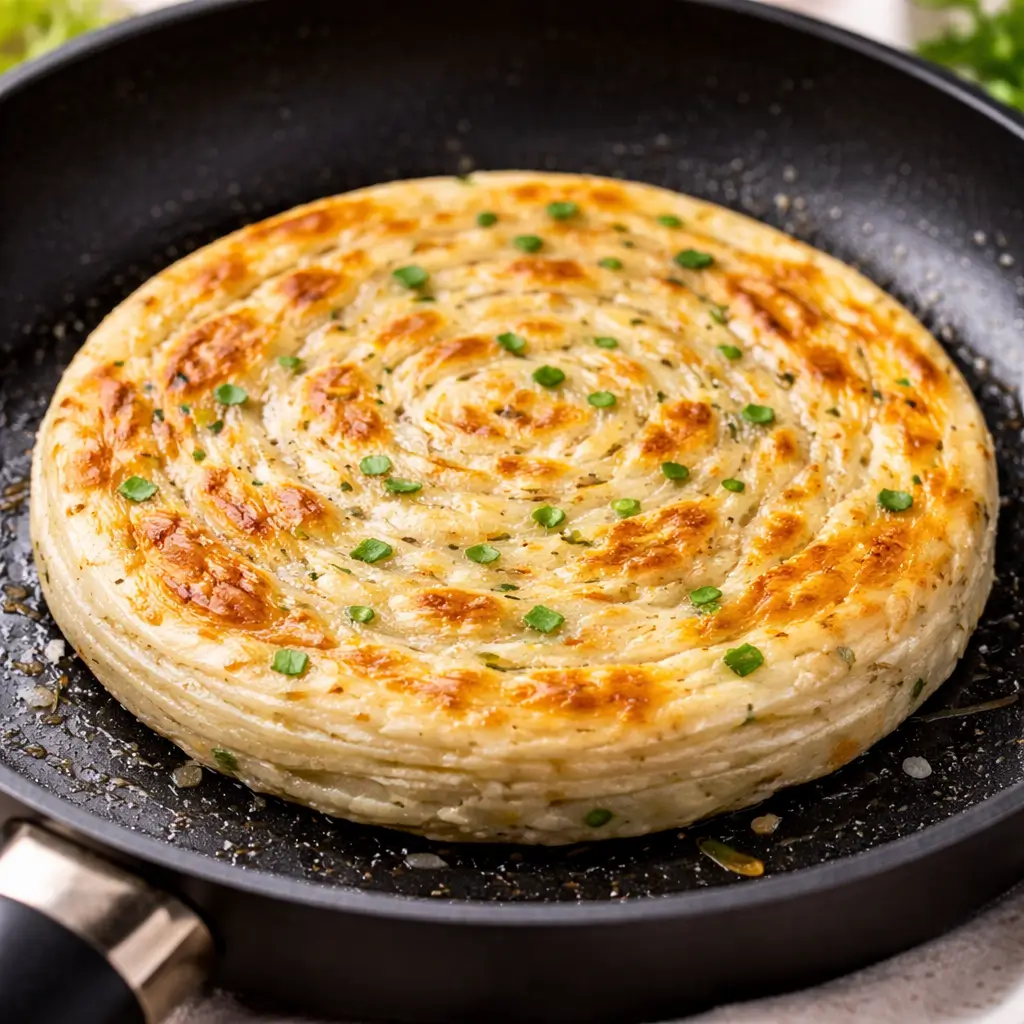 cooking lqqm puff paratha chive onion flatbread 5pc, frozen in skillet