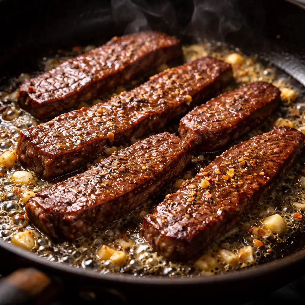 Cooking steak with garlic butter in skillet