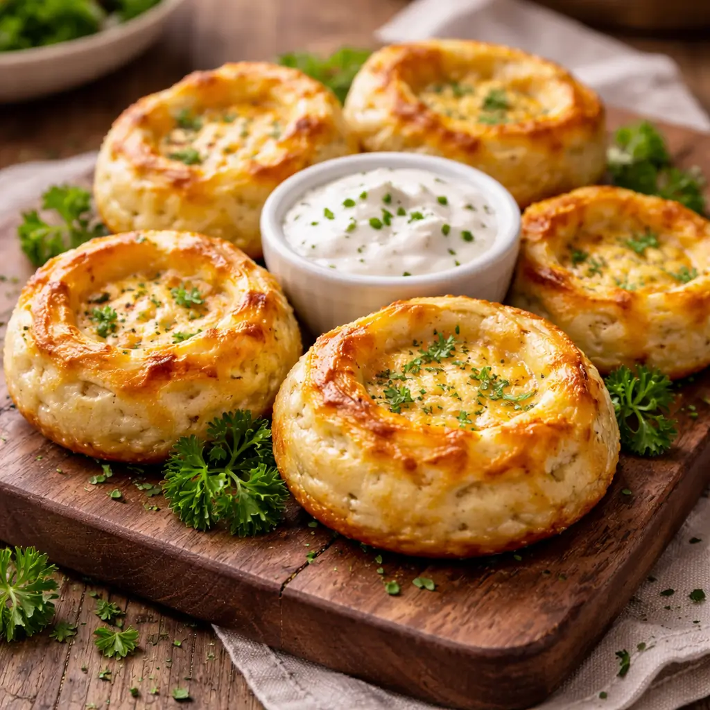 Golden cottage cheese onion ring muffin cups with melted cheese and dipping sauce