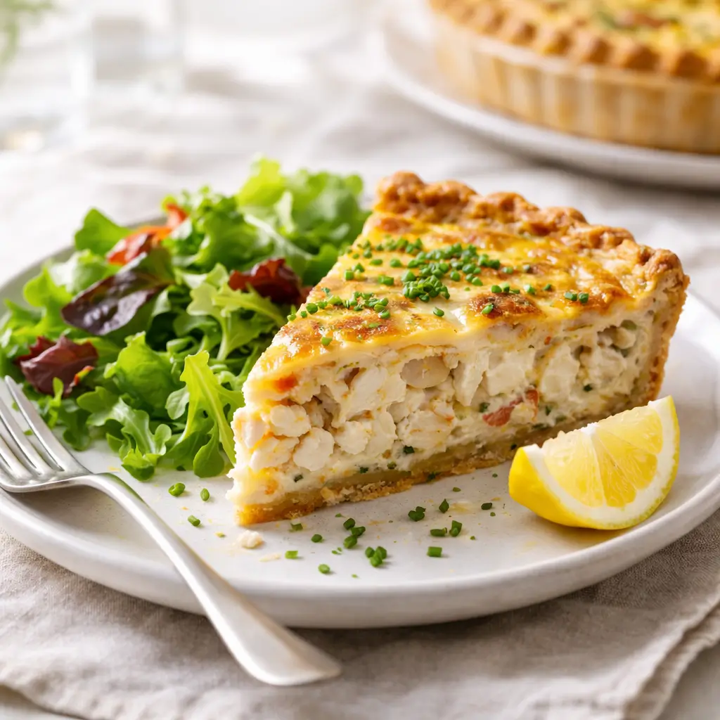Slice of barefoot contessa crab quiche served with fresh salad