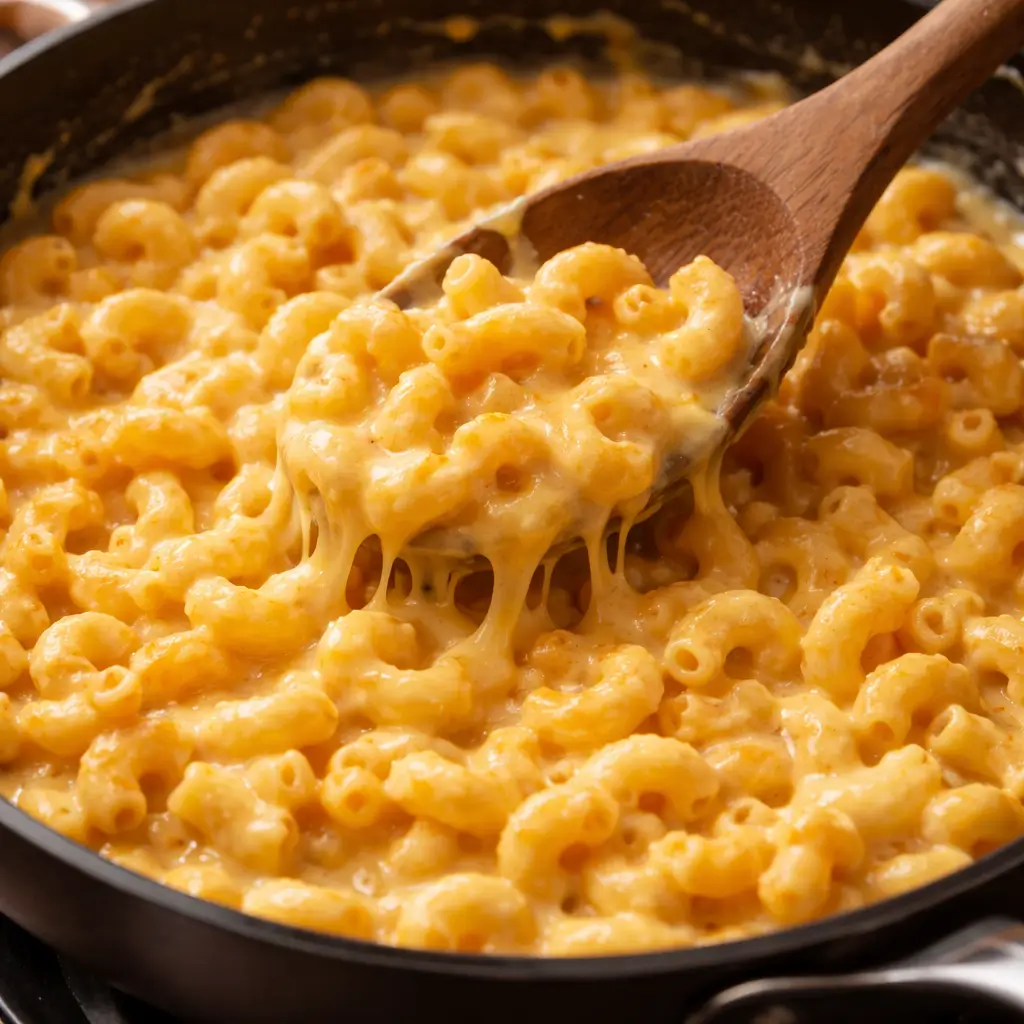 Mixing creamy cheese sauce with macaroni pasta
