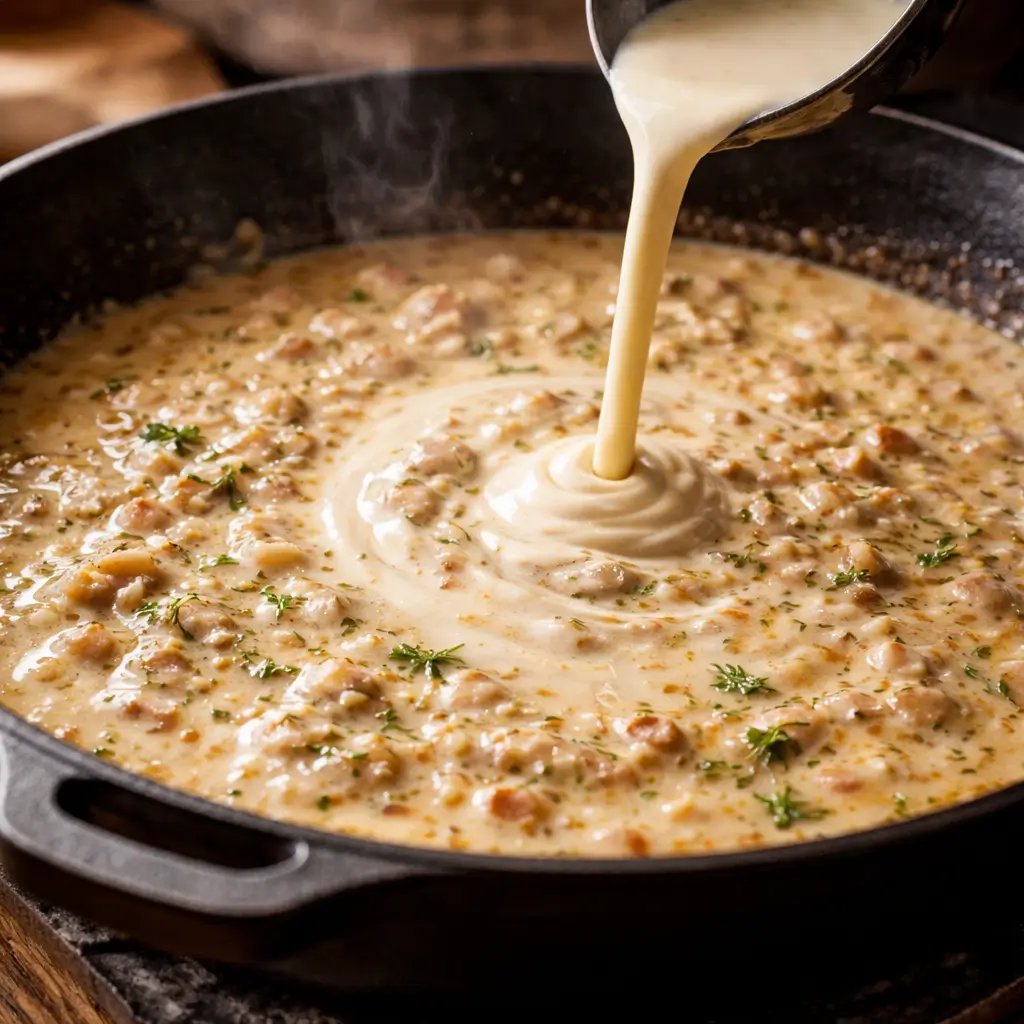creamy shallot pan sauce cooking in skillet