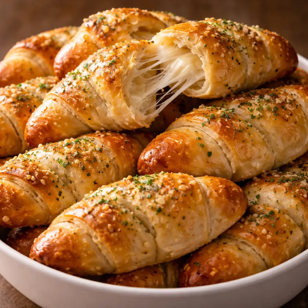 Golden crescent roll garlic bread with melted butter and garlic