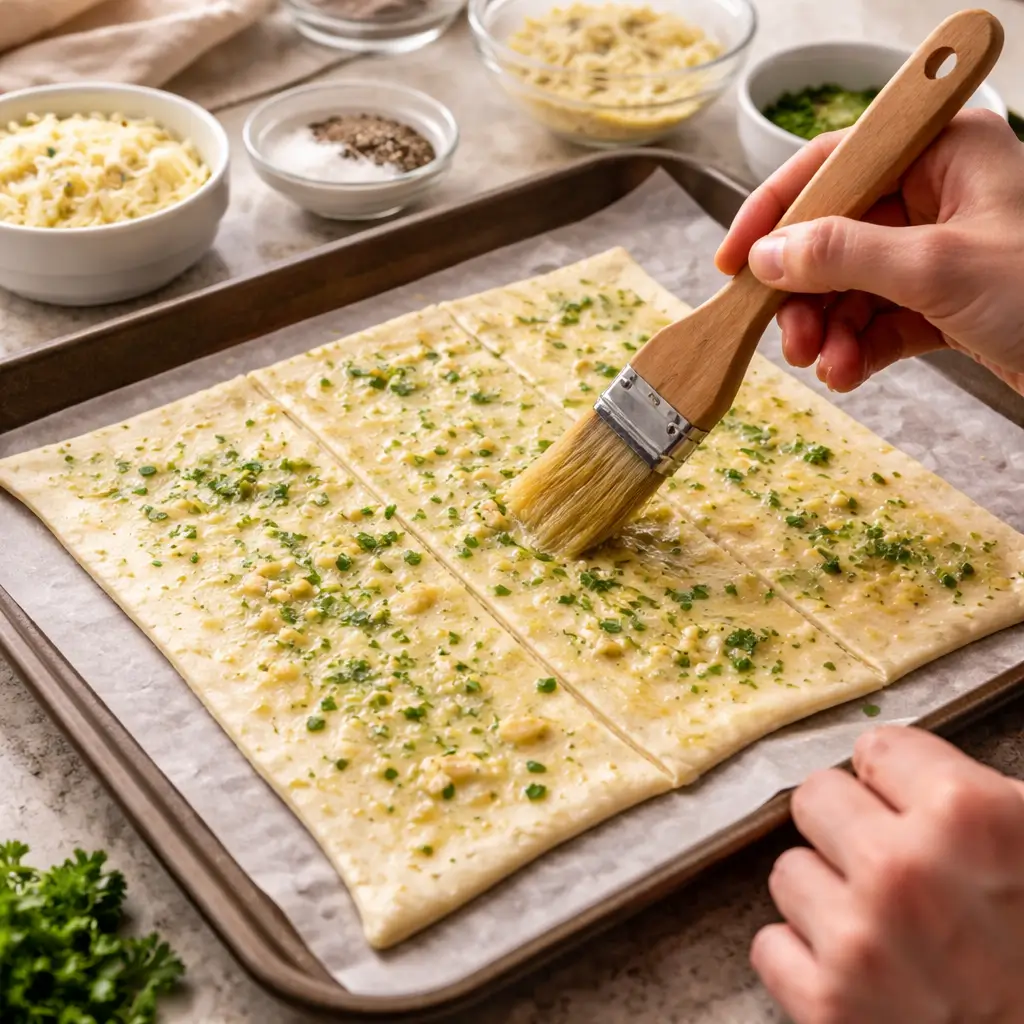 Preparing crescent roll garlic bread with garlic butter