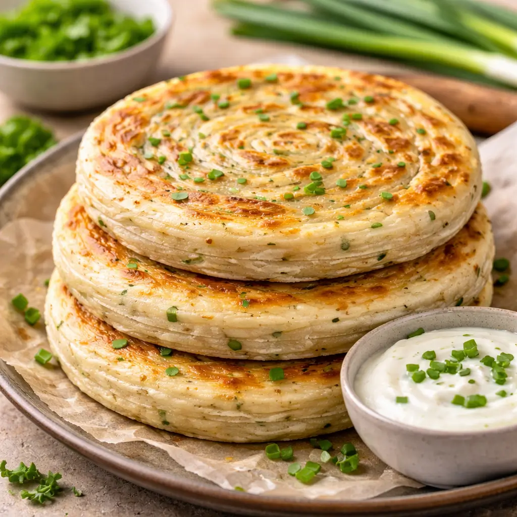 crispy lqqm puff paratha chive onion flatbread served on plate