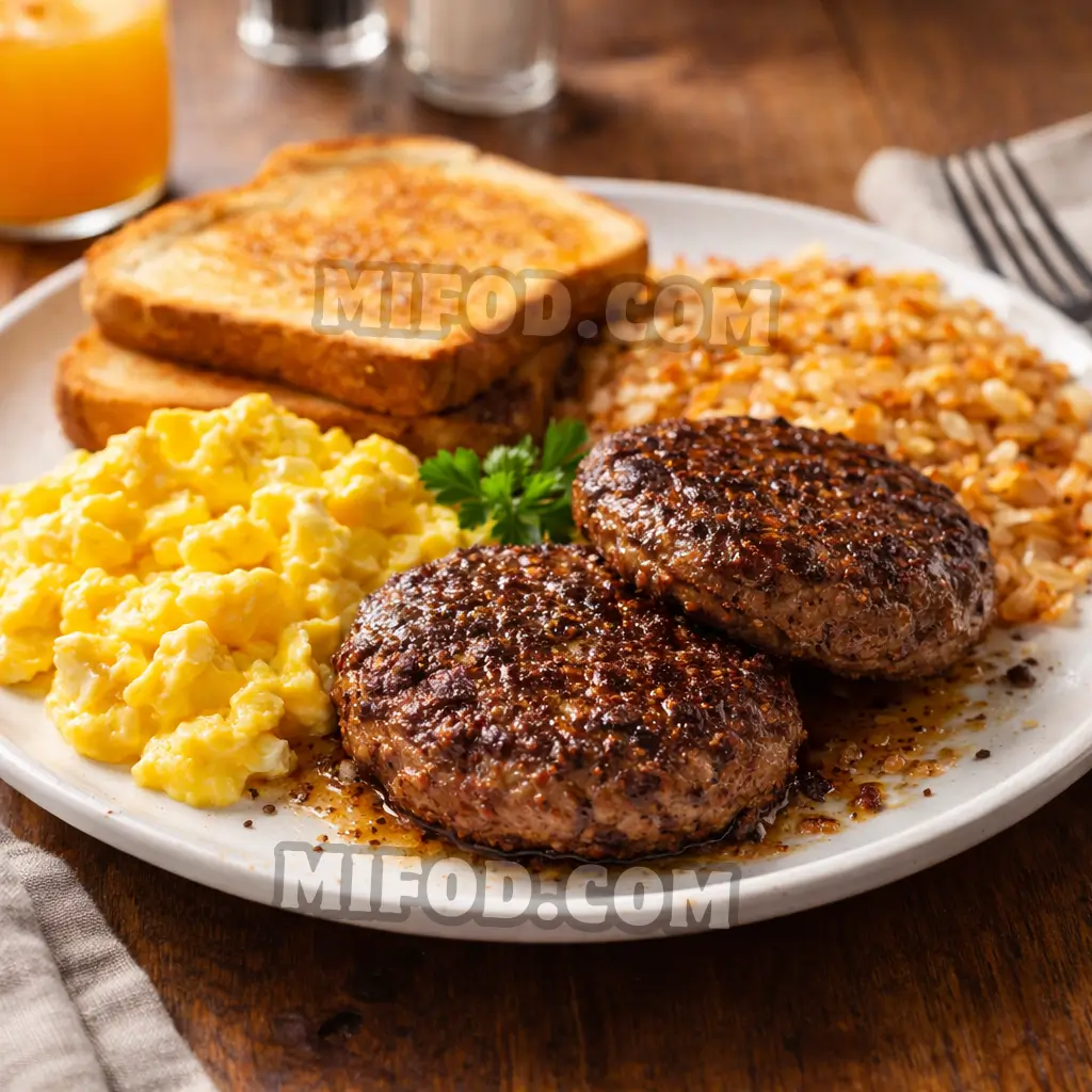 Breakfast plate with deep hamburger beef sausage and eggs