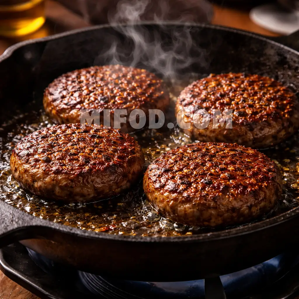 Deep hamburger beef sausage patties frying in skillet