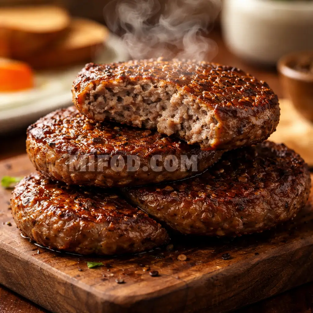 Crispy deep hamburger beef sausage patties with steam rising