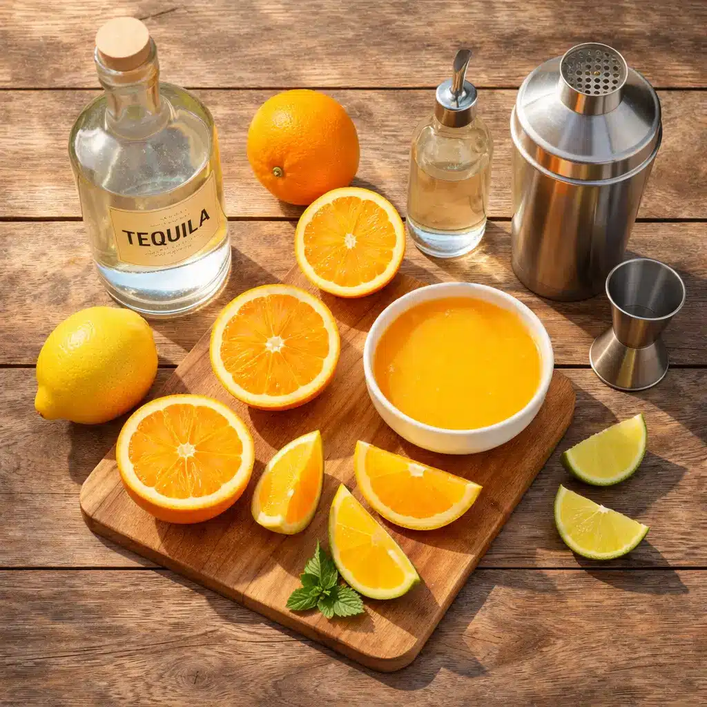 ingredients for desert sun cocktail recipe with citrus and tequila