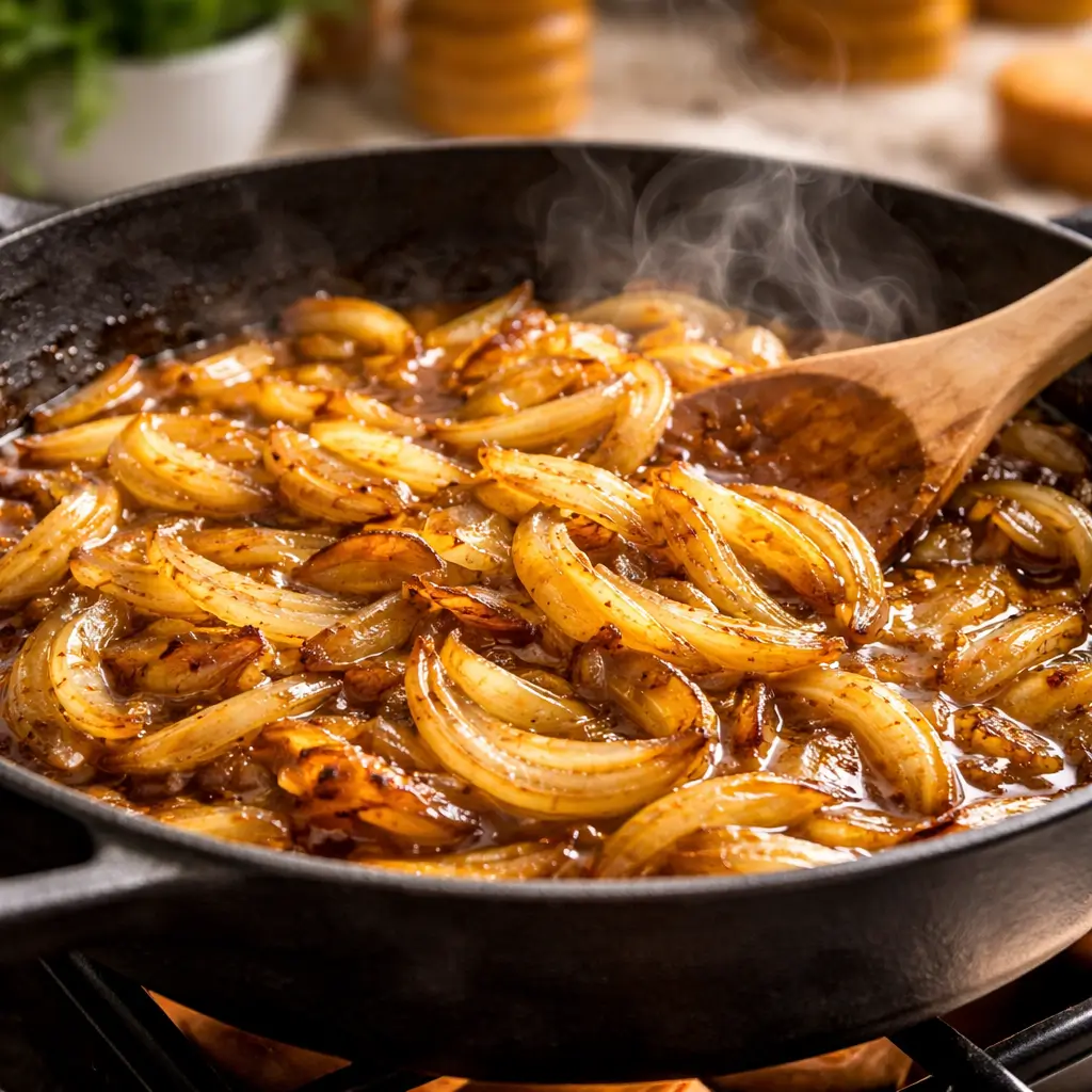 yellow onion caramelizing in pan cooking process