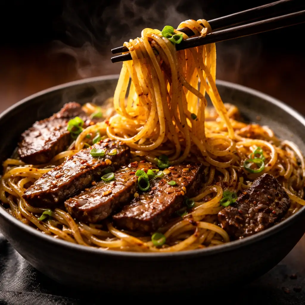 Garlic butter steak lightning noodles with juicy steak and glossy sauce