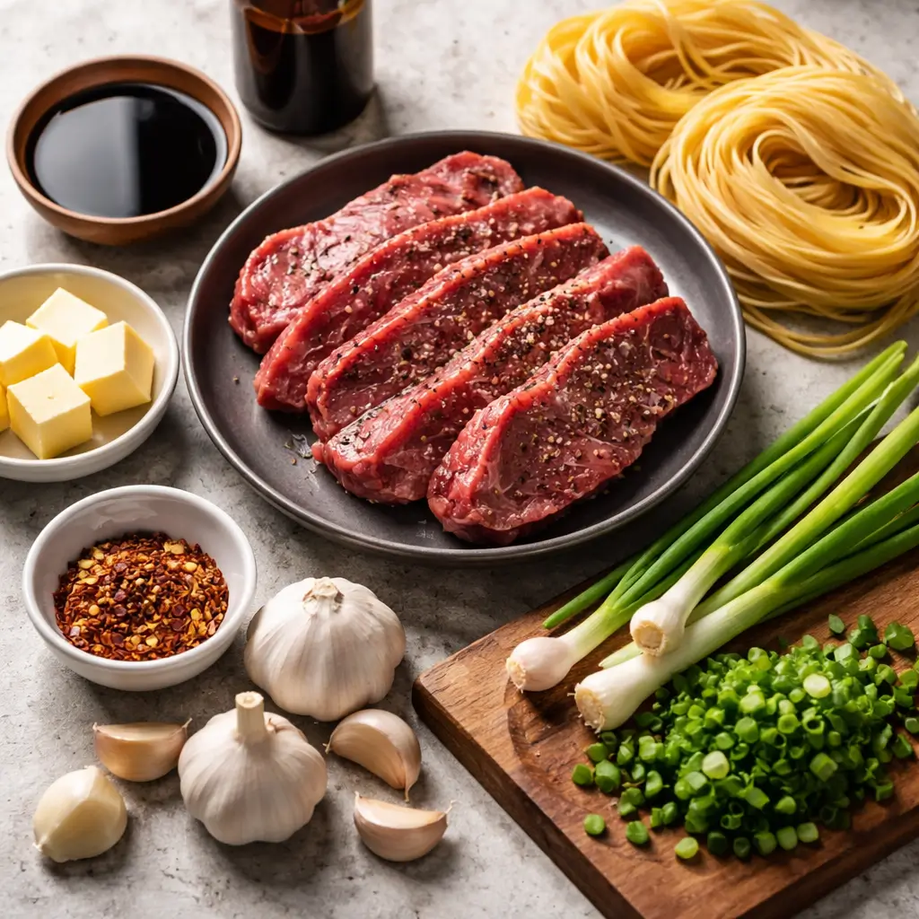 Ingredients for garlic butter steak lightning noodles recipe