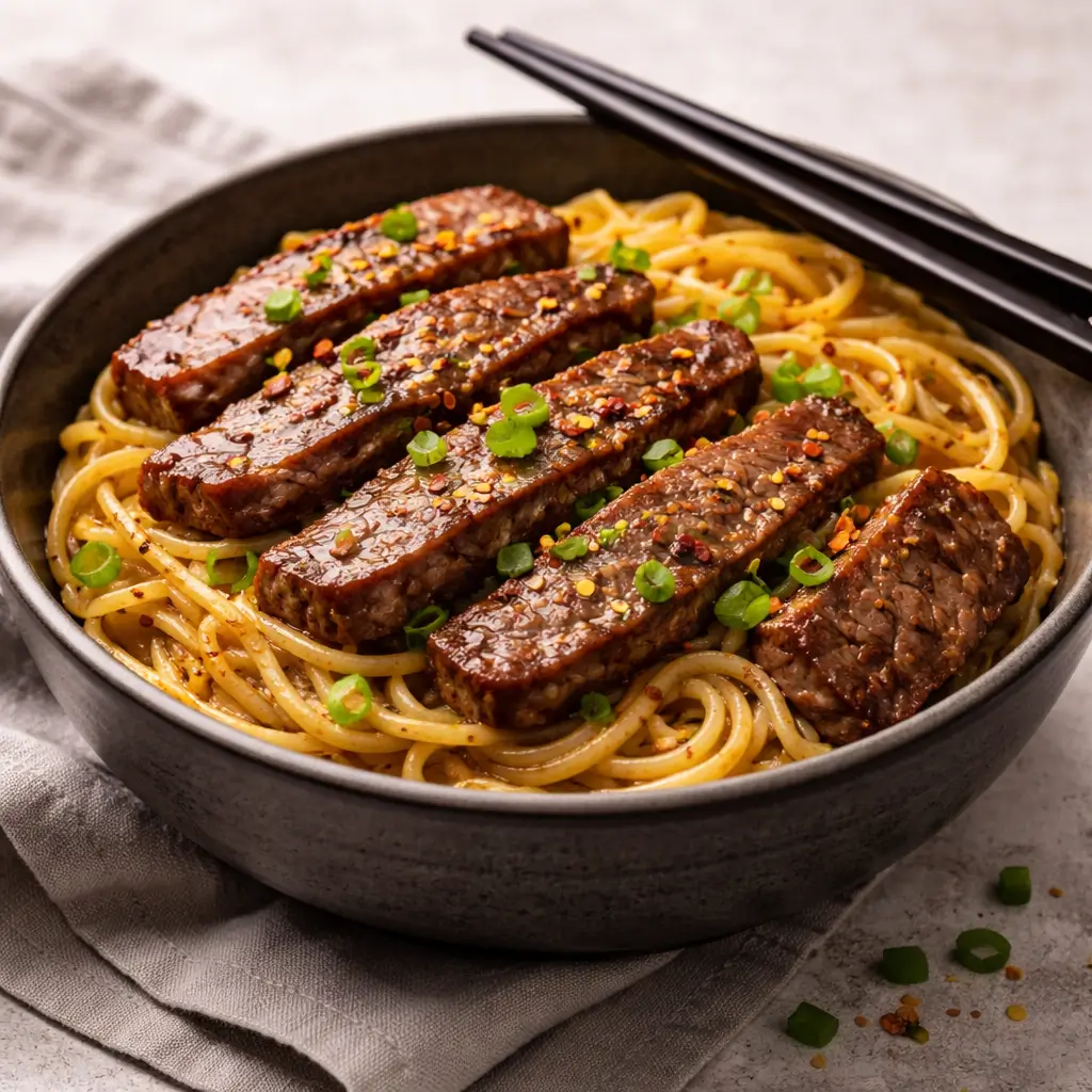 Served garlic butter steak lightning noodles with garnish